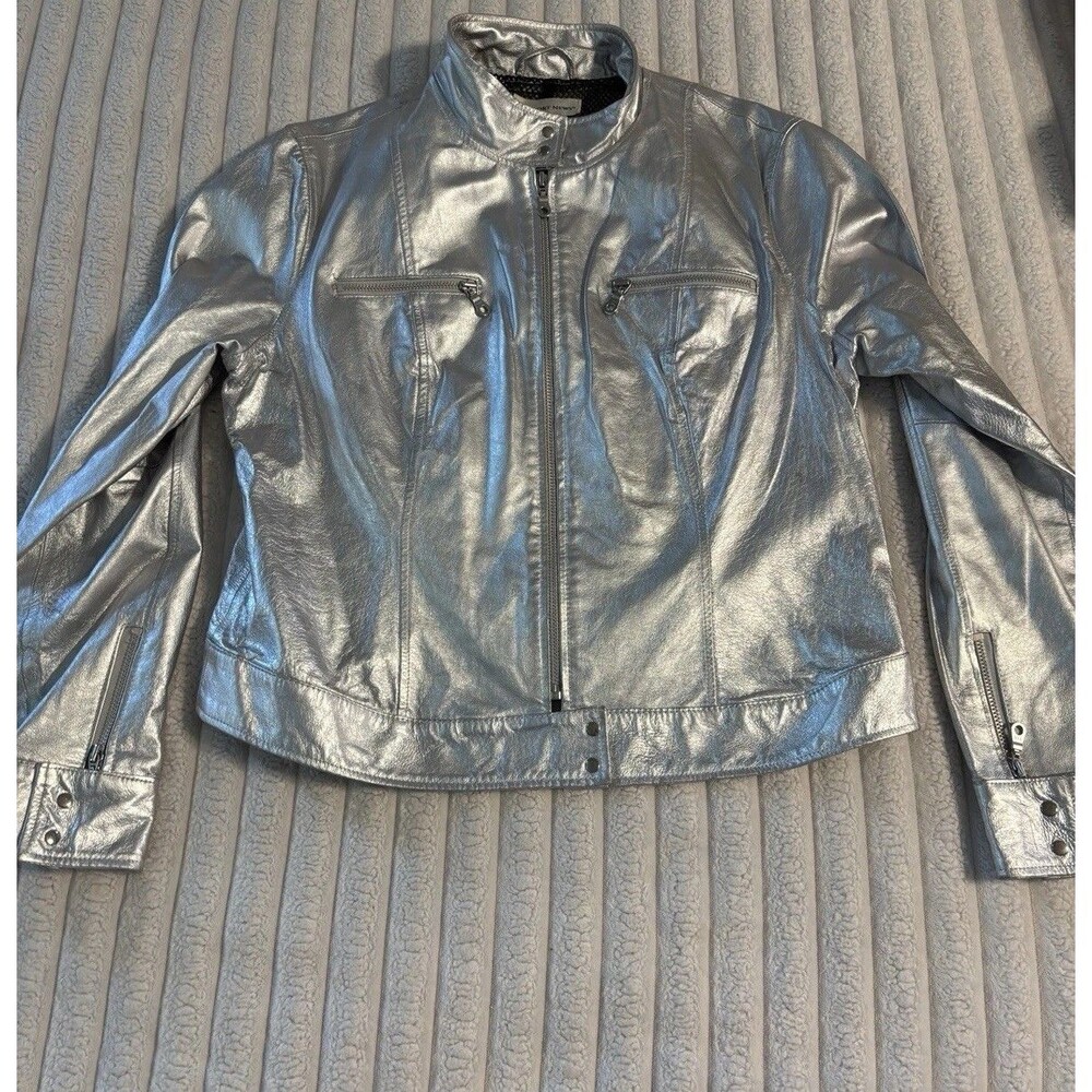 Vintage Newport News Metallic Silver 100% Leather Moto Jacket Womens 14 Grunge